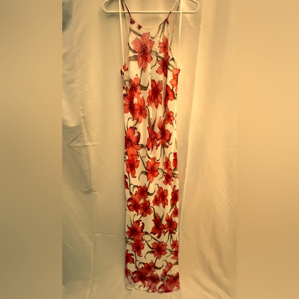 Summer halter-atyle backless formal, white with hot pink lilies, size 8.